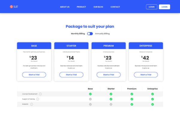 商业在线应用服务授权多套餐对比价格表单UI模板 Pricing Table