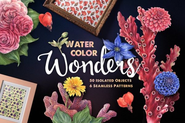 华丽的水彩奇观矢量图案设计套装 Watercolor Wonders Graphic Kit