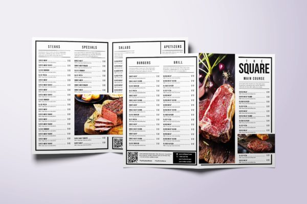 经典极简双折A4&amp;美国信纸大小美食菜单模板 Classic Minimal Bifold A4 &amp; US Letter Food Menu