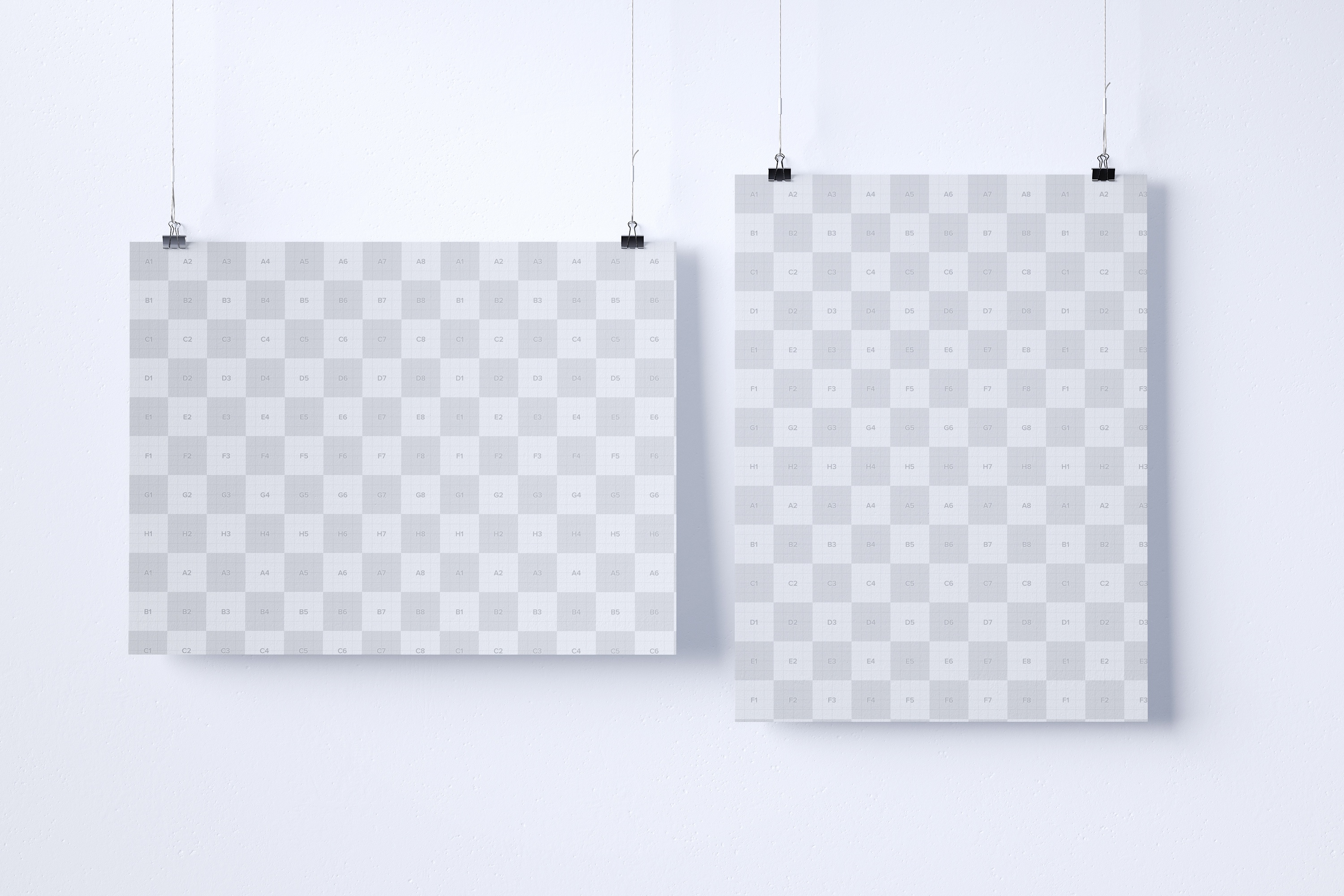 横向&纵向悬挂海报设计效果图样机模板 Two hanging poster mockup, landscape and portrait view插图