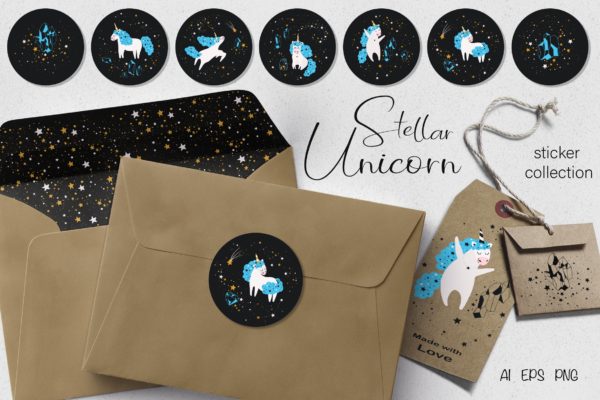 星座独角兽贴纸图案素材库精选设计素材 Stellar Unicorn Stickers
