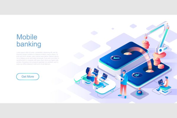 手机银行主题网站设计等距素材库精选概念插画 Mobile Banking Isometric Flat Concept Header