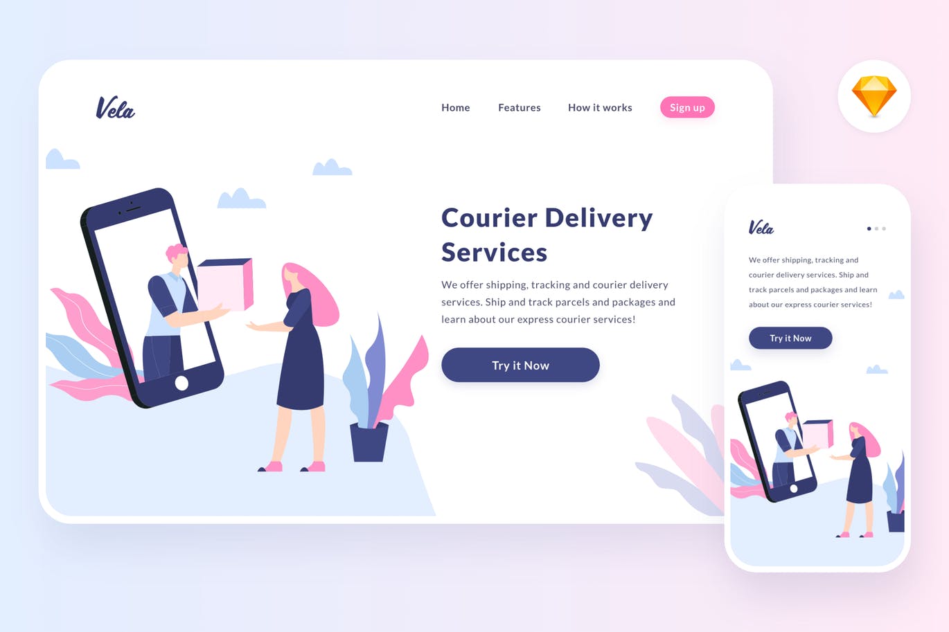 产品交付主题APP&Web矢量插画素材[SKETCH&SVG] Delivering product illustration (Sketch, SVG)插图