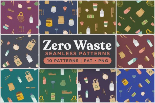 环保餐具环保主义主题无缝图案背景素材库精选 Zero Waste Seamless Patterns