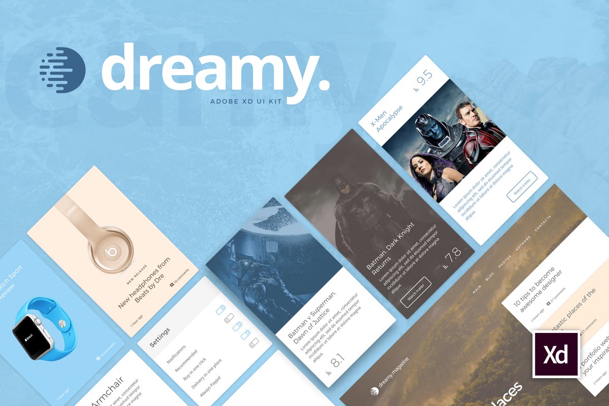 精心制作适用于Adobe XD的UI/UX应用设计套件。 Dreamy UI Kit for Adobe XD插图