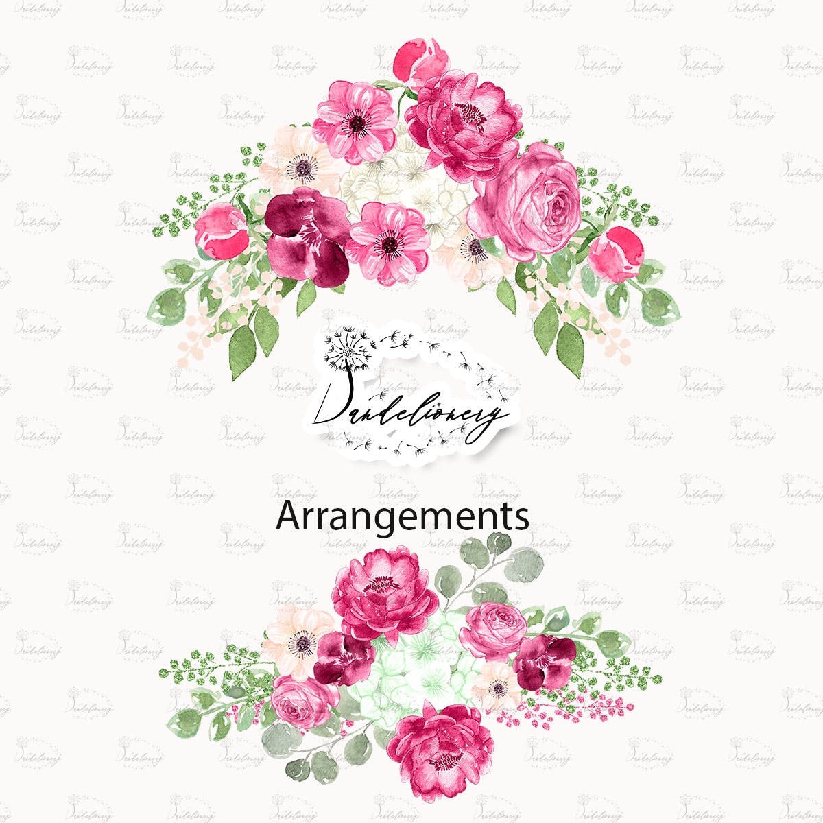 紫红色与绿色水彩手绘图案设计素材 Watercolor Fuchsia And Green design插图(2)