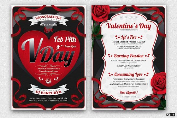 情人节主题传单活动目录PSD模板v8 Valentines Day Flyer+Menu PSD V8