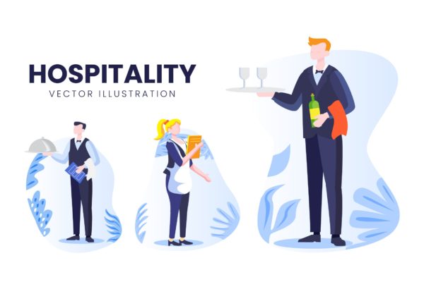 酒店职员人物形象素材库精选手绘插画矢量素材 Hospitality Occupation Vector Character Set