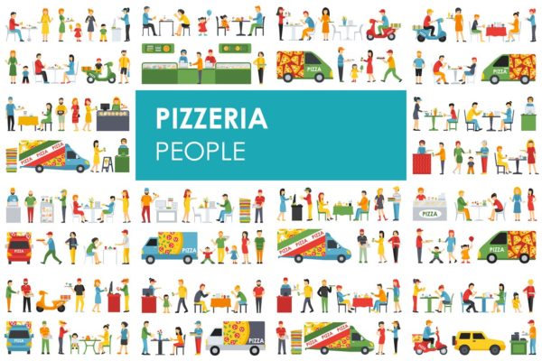 各式职业人员吃披萨形象扁平化设计矢量插画 Pizzeria – flat people set