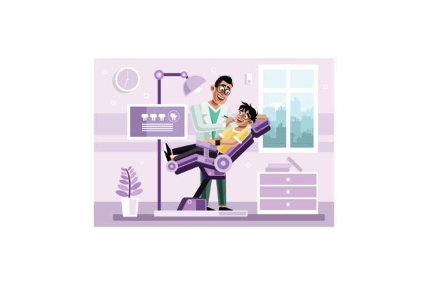 牙科诊所矢量插画设计素材 Child’s dentist is examining the patient’s teeth