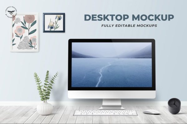 办公桌场景一体机电脑屏幕预览效果图素材库精选样机 Desktop On Table Mockup