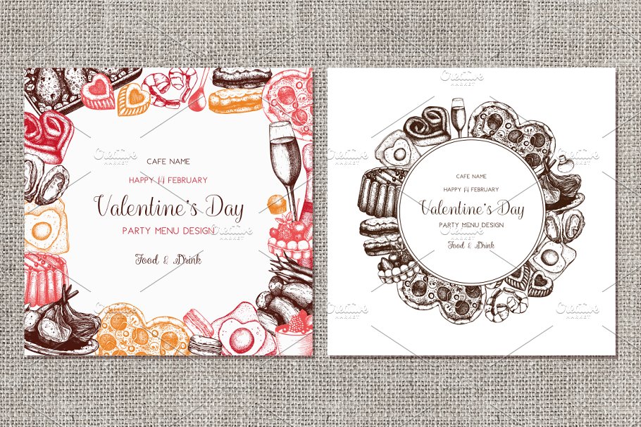 情人节主题配色食品和饮料手绘插画 Food & Drinks for Valentine’s Day插图(4)