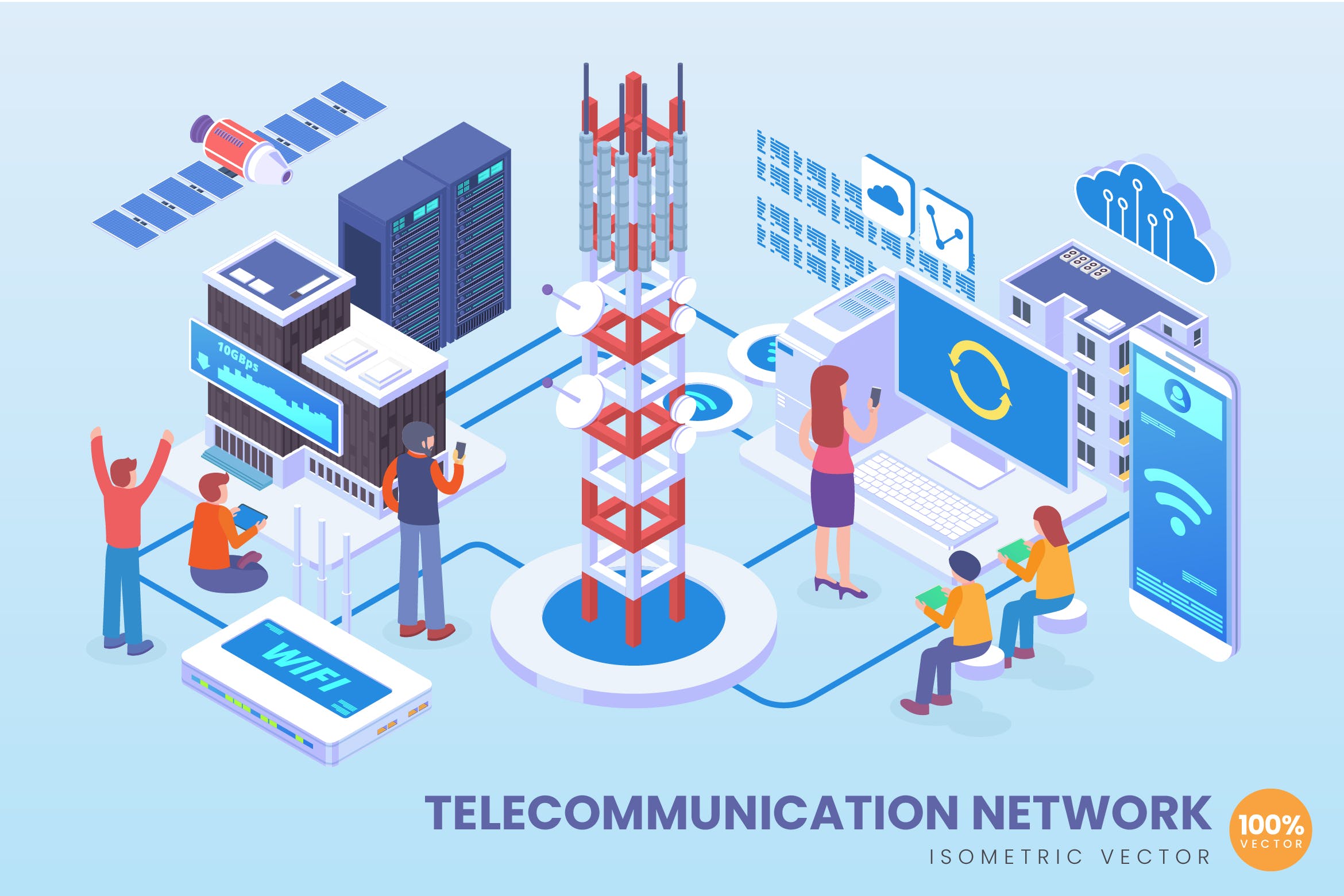电信网络技术等距矢量科技素材库精选概念插画v2 Isometric Telecommunication Network Vector Concept插图