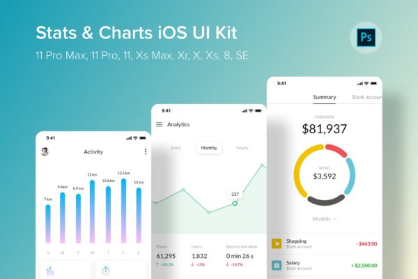 iOS平台数据统计信息图表界面UI设计素材库精选套件PSD模板 Stats &amp; Charts iOS UI Kit (Photoshop)