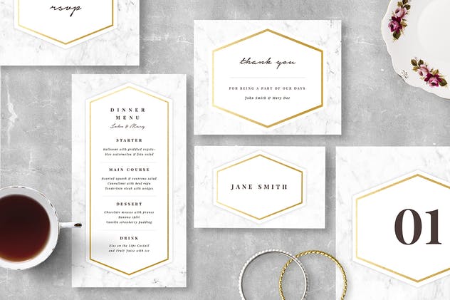 大理石背景婚礼邀请函设计模板 Marble Wedding Invitation Suite插图(2)