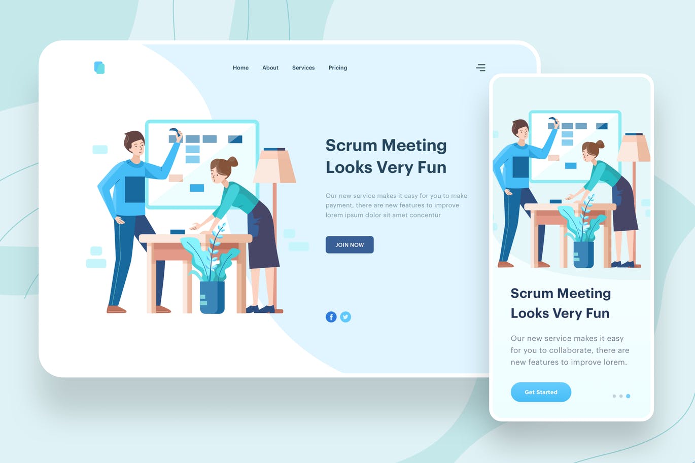 每日站会主题APP&Web矢量插画 Scrum Meeting Illustration – Website Header插图