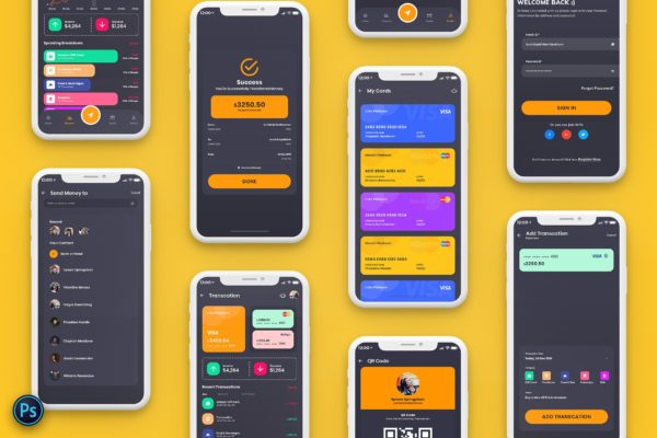 网上银行/支付工具/电子钱包APP应用UI设计素材库精选套件[黑暗模式] Finance Mobile App Template UI Kit Dark Version