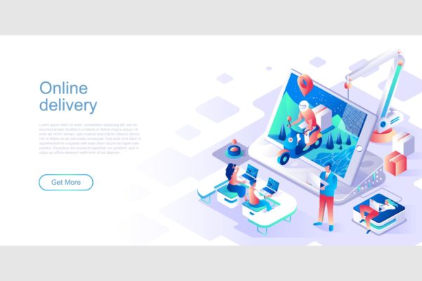 在线交付主题网站设计等距素材库精选概念插画 Online Delivery Isometric Flat Concept Header