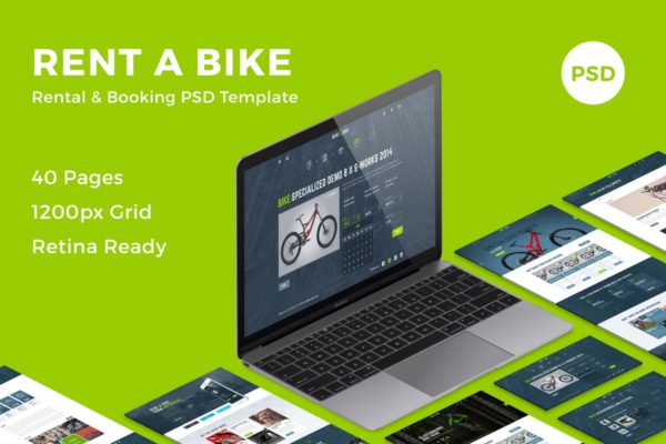 共享单车网页设计PSD模板 Rent a Bike – Rental &amp; Booking PSD Template
