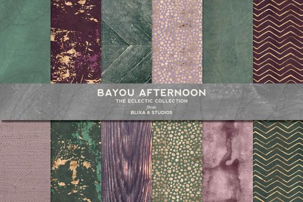 低调奢华的金箔、水彩&amp;木纹图案纹理 Bayou Afternoon Gold &amp; Watercolors
