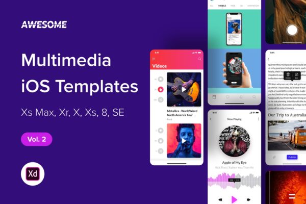 iOS手机多媒体APP应用UI设计套件XD模板v2 Awesome iOS UI Kit – Multimedia Vol. 2 (Adobe XD)