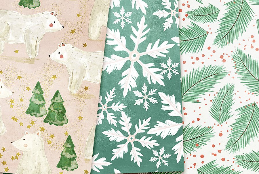 清新的冬季主题水彩无缝背景纹理素材 Watercolor Winter Seamless Patterns插图(1)