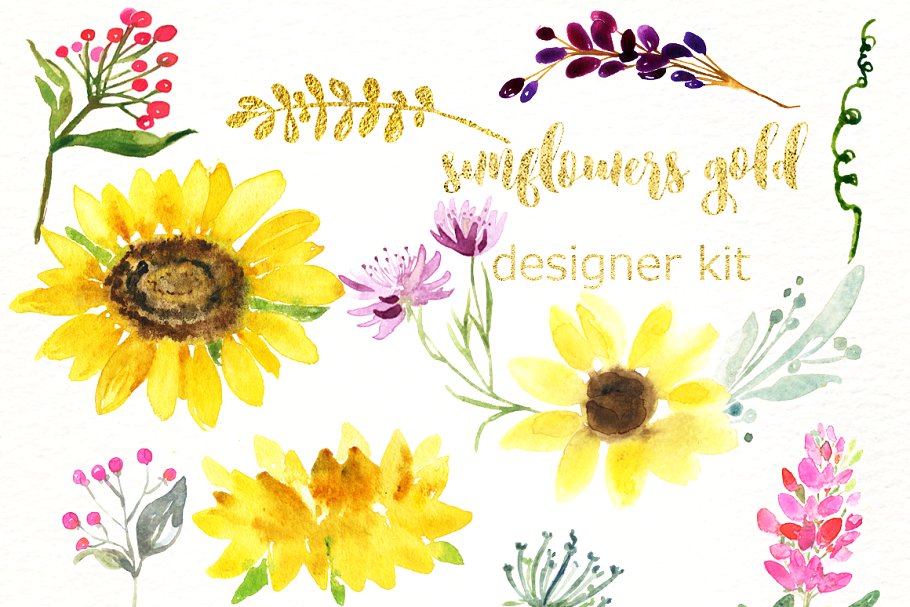 金色粉色向日葵水彩画剪贴画 Sunflowers gold & pink Watercolor插图(7)