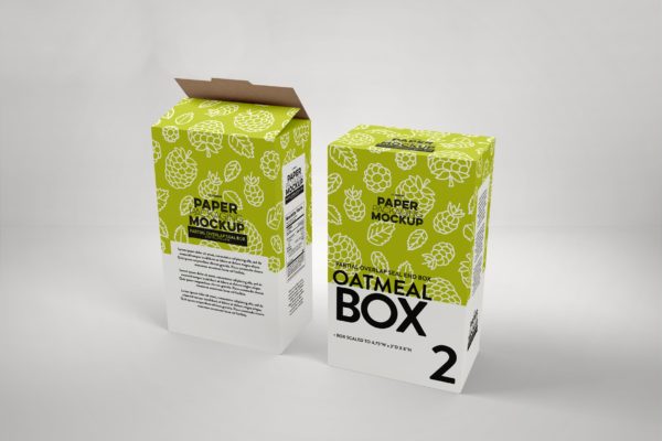 麦片盒包装纸盒设计效果图样机 Paper Cereal Box Packaging Mockup