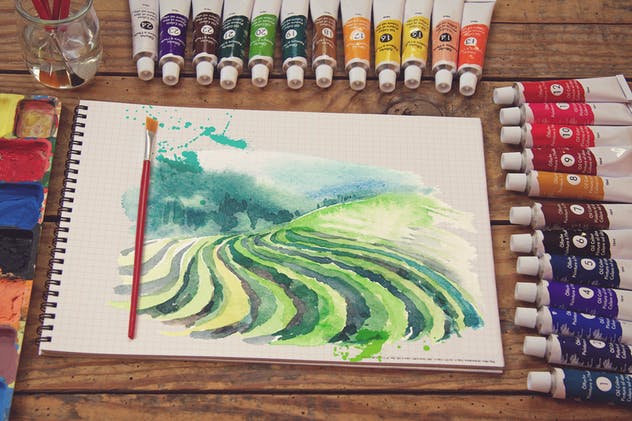 画室创作场景网格笔记本样机模板v3 Grid Paper Notebook Paint Scene插图(2)