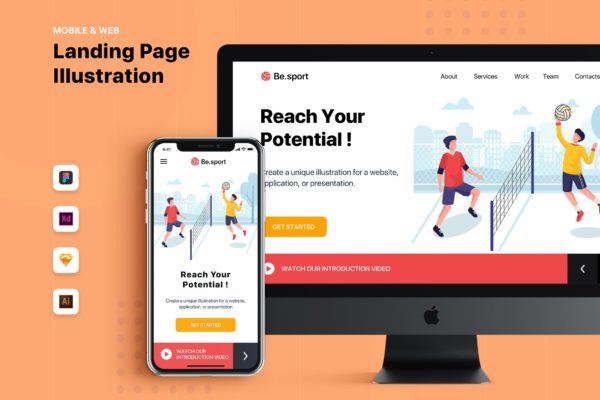排球运动主题网站Banner&amp;着陆页设计插画素材 Be.Sport – Banner &amp; Landing Page