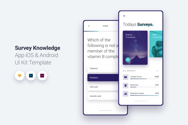 调查问卷APP应用UI设计套件 Survey App iOS &amp; Android UI Kit Template 1