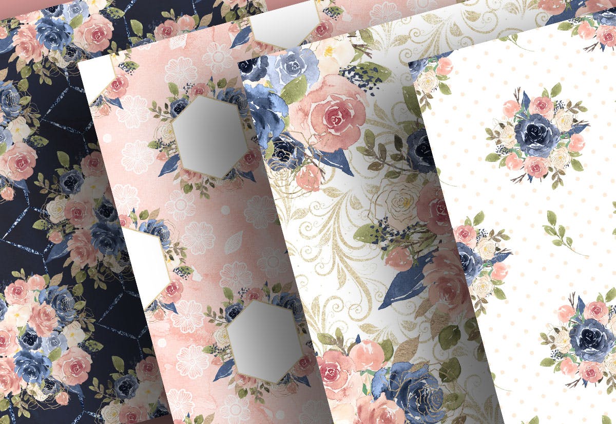 海军蓝和粉色水彩数码纸张设计素材 Watercolor Navy and Pink digital paper pack插图(2)