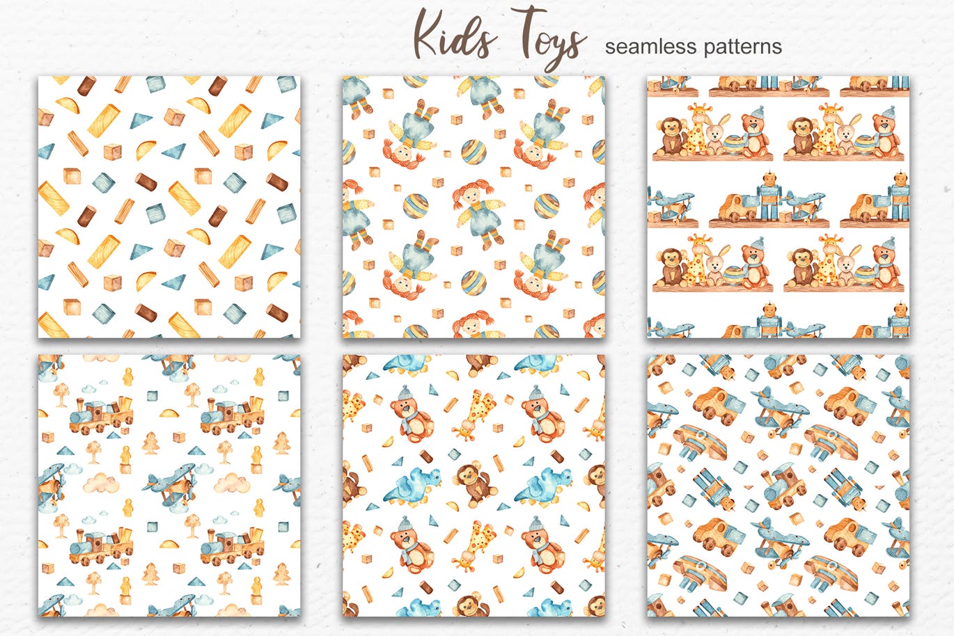 儿童玩具水彩画剪贴画/卡片/图案素材包 Watercolor kids toys. Clipart, cards, patterns插图(3)