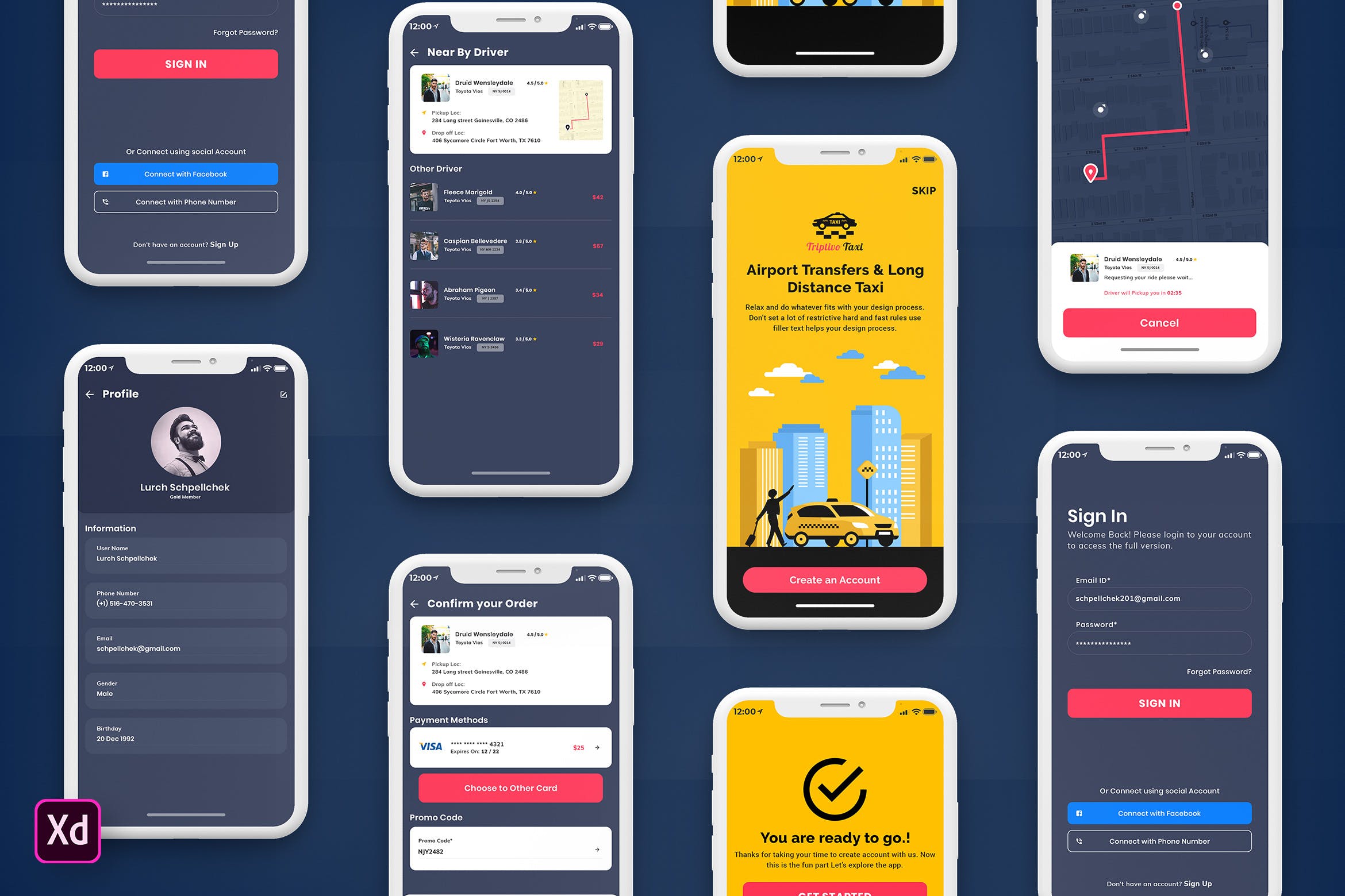 网约车/顺风车APP应用界面设计XD模板[黑暗模式] Taxi Booking Mobile App UI Kit Dark Version (XD)插图