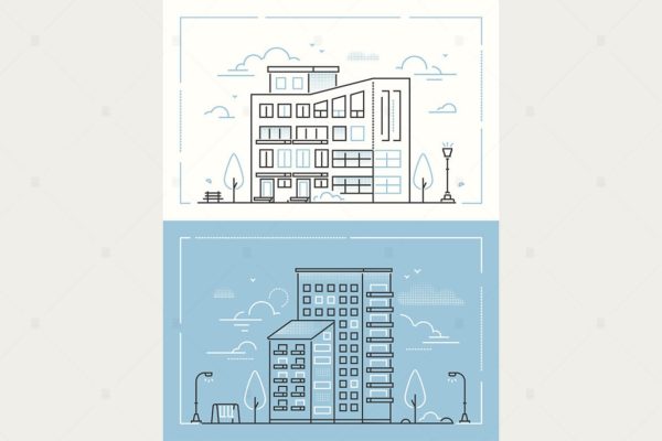 城市建筑线条设计风格插画素材 City buildings – line design style illustrations