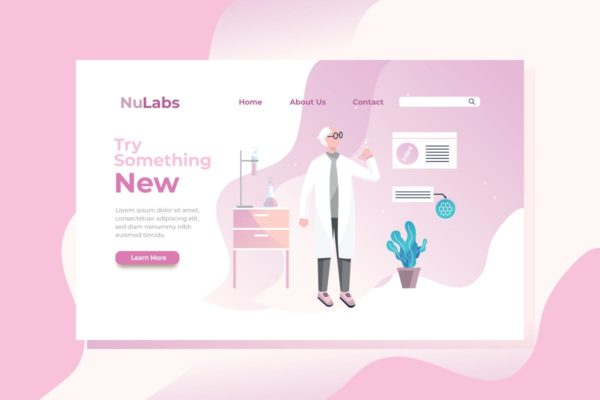 科学实验室概念插画网站着陆页设计模板 Try Something New Landing Page Illustration