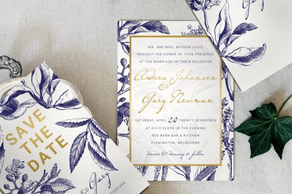 金色&amp;海军蓝手绘图案插画婚礼邀请函设计模板 Gold &amp; Navy Wedding Invitation Suite