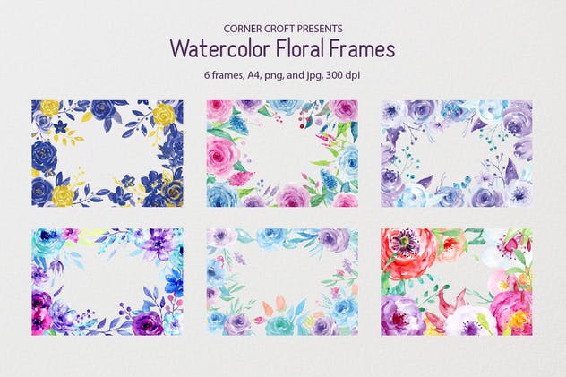 蓝色&紫色水彩花卉框架插画 Watercolor Floral Frame Blue and Purple插图(1)