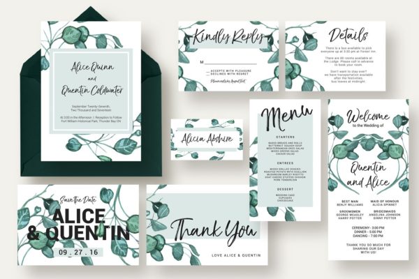 现代桉树装饰图案结婚请柬设计套件 Modern Eucalyptus Wedding Suite