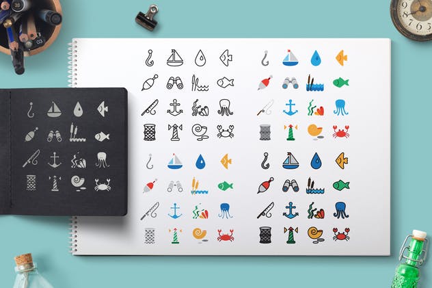 海洋主题图标&图案背景纹理 Sea Icons and Patterns Set插图(1)