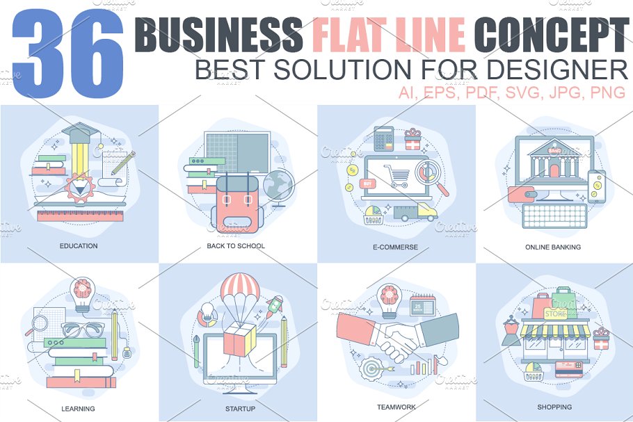 36款扁平设计风格线条概念插画 Flat Line Concepts插图