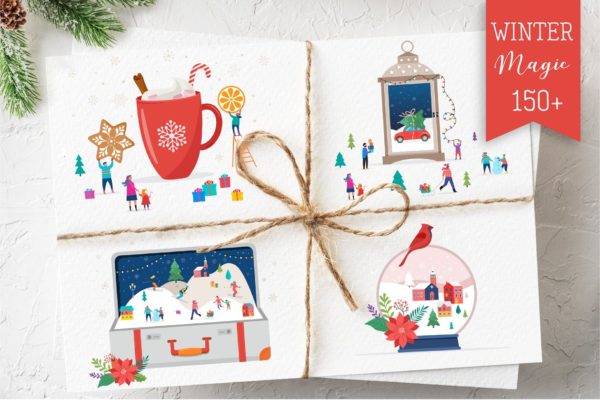 充满冬季魔力的圣诞节日手绘插画 Winter Magic – Christmas scenes