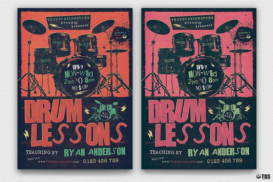 架子鼓培训宣传海报PSD模板 Drum Lessons Flyer PSD V2插图(1)