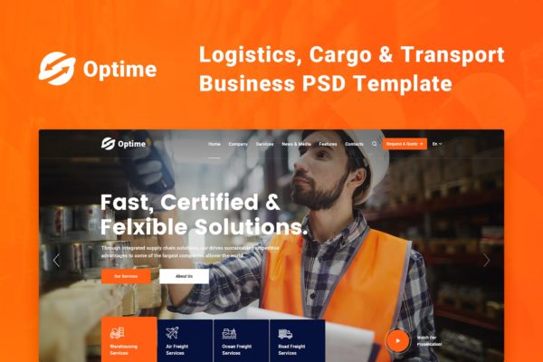 物流货运/快递运输公司官网设计PSD模板 Optime – Logistics, Cargo &amp; Transport PSD Template