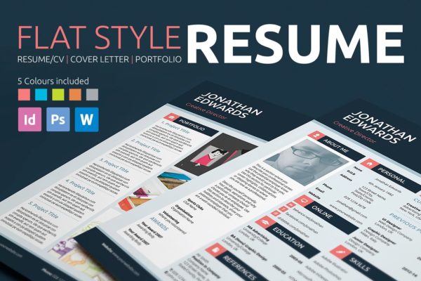 多种配色扁平风格专业设计师简历模板 Resume/CV – Flat Style
