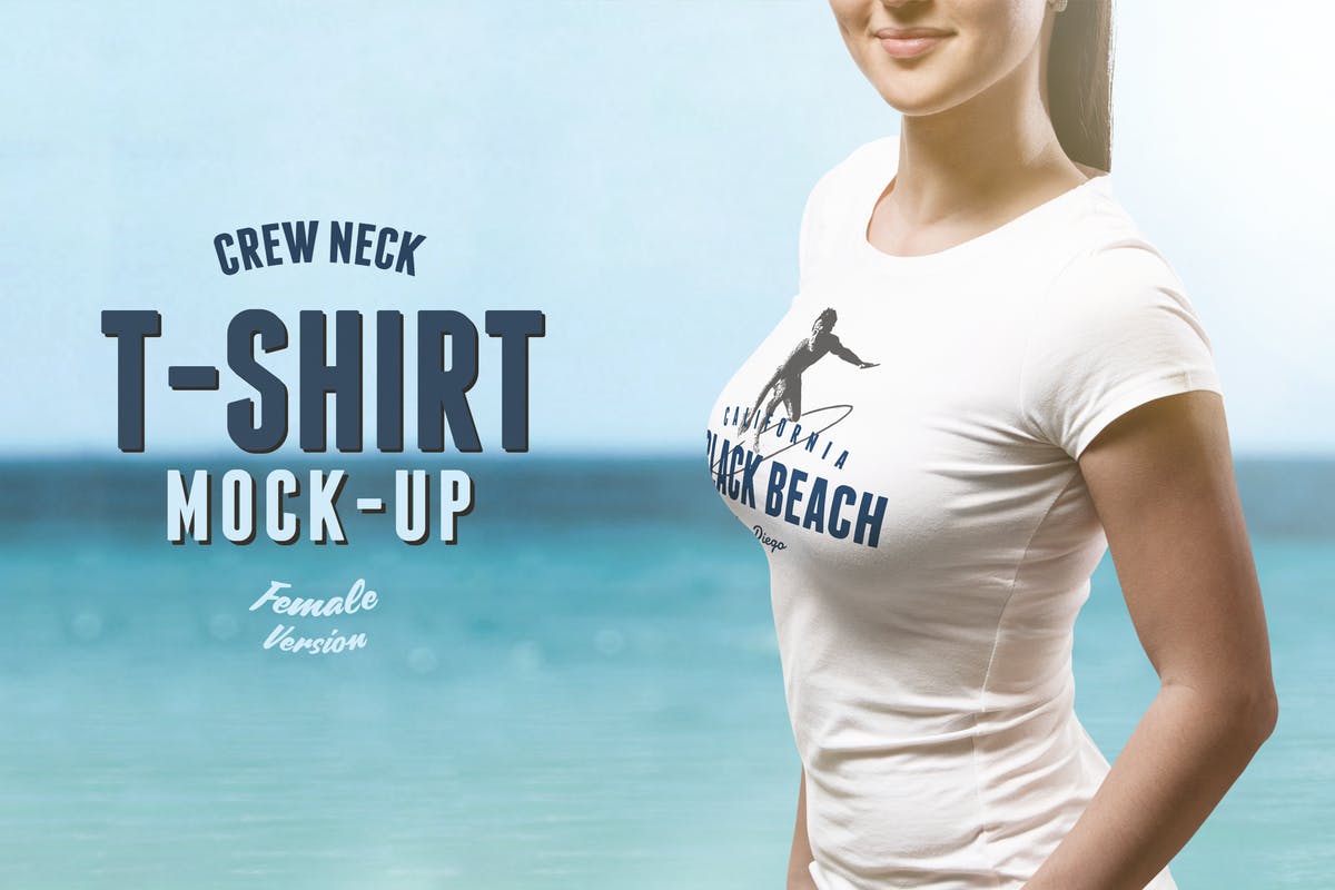 圆领T恤性感模特上身效果样机模板 Crew Neck T-shirt Mock-up Female Version插图