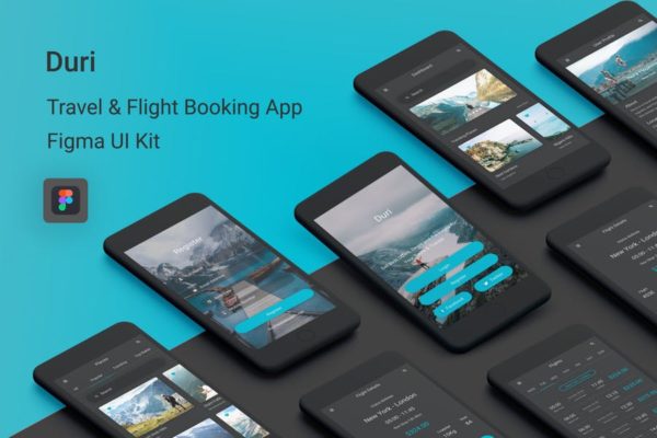 旅行＆机票在线预订APP应用UI设计Sketch模板 Duri – Travel &amp; Flight Booking Figma UI Kit