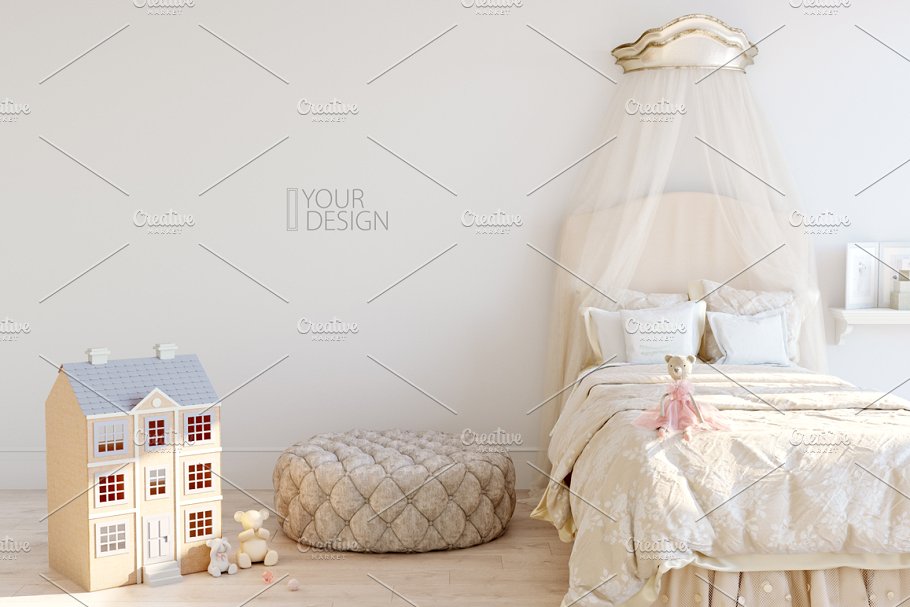 儿童主题室内墙纸设计展示和相框画框样机 Kids Interior Wall & Frames Mockup 1插图(7)