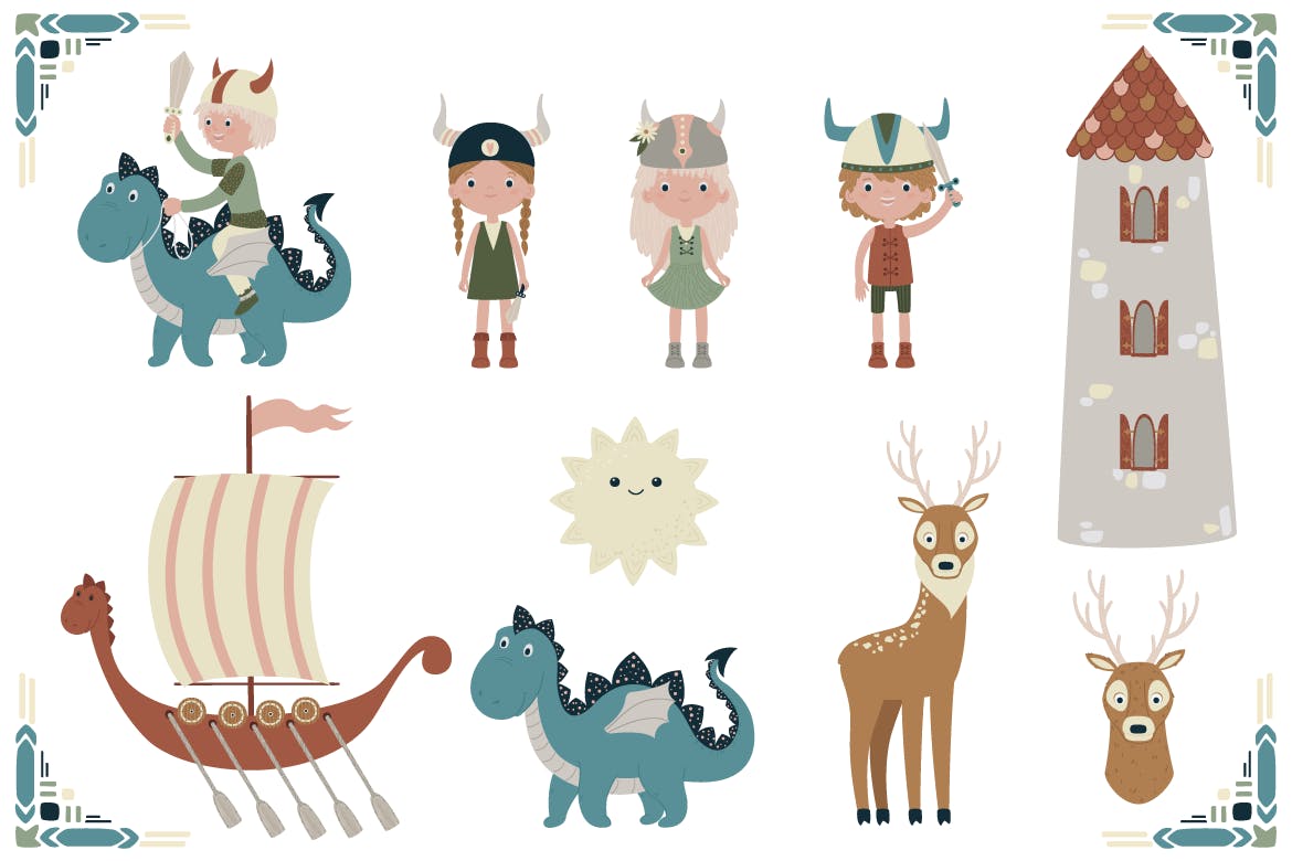 可爱卡通人物维京人水彩手绘图形集 Cute Vikings插图(1)