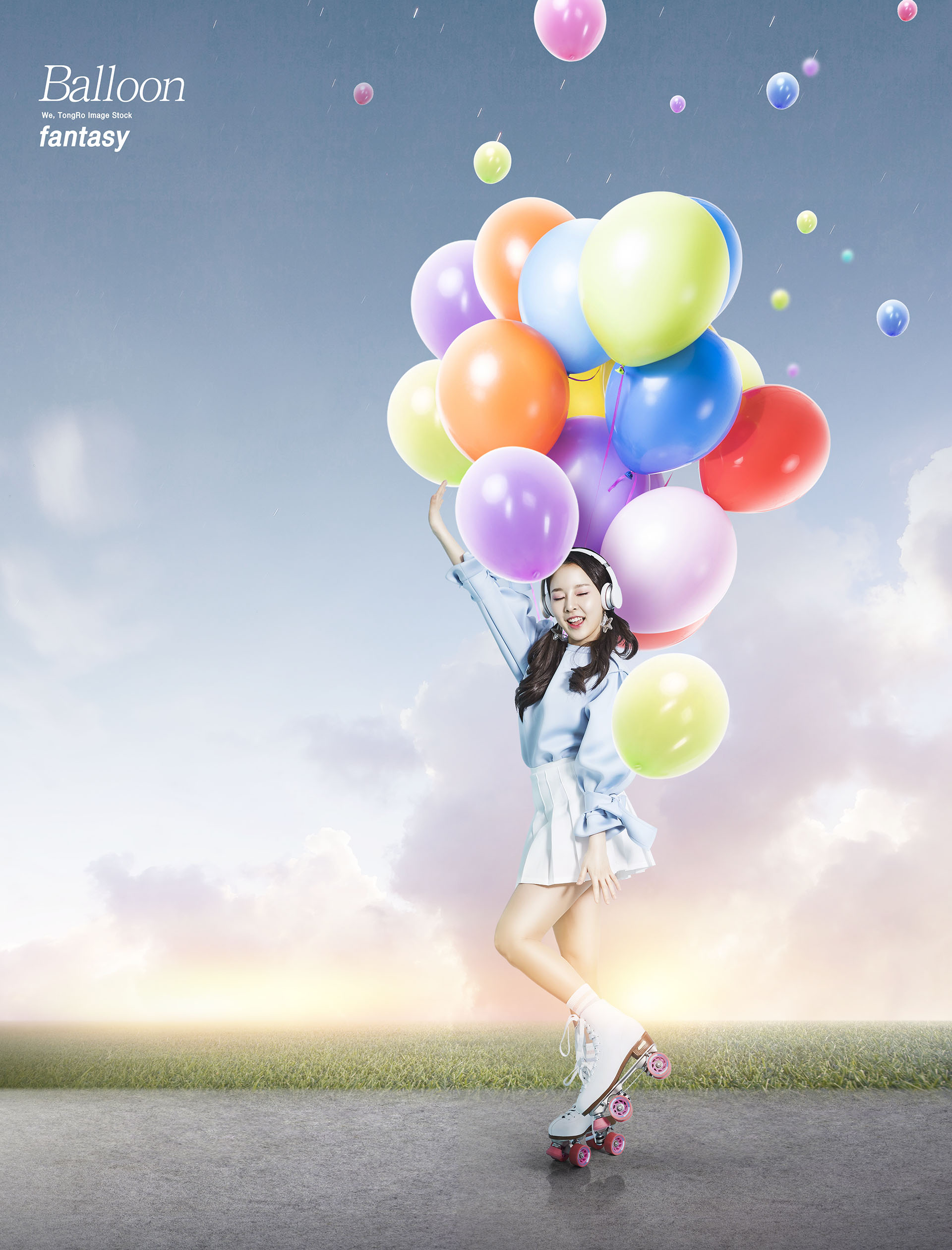 梦幻三八妇女节气球清新阳光女孩创意场景PSD海报模板插图(6)